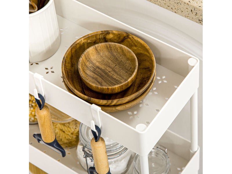  Desserte de cuisine 40 x 19 x 90 cm blanche en acier et abs, 4 niveaux, 2 roulettes avec freins et 3 crochets  - Conforama D