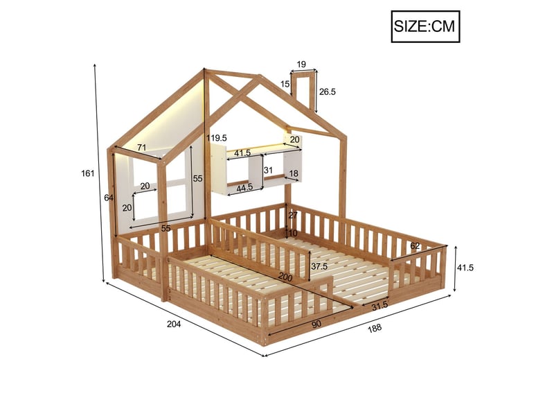  Lit enfant 90x200, garde-corps sécurité lit cabane enfant, structure bois massif, étagères rangement, led, fenêtres cheminée  - Conforama C