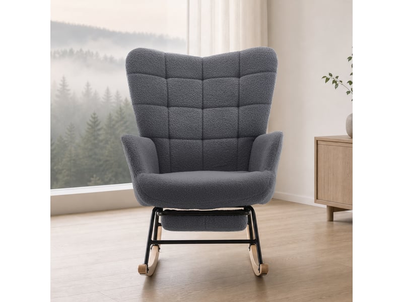  Modenvie fauteuil à bascule 91x61x88 cm - tissu effet mouton, dossier haut et repose-pieds - pour salon - gris  - Conforama D