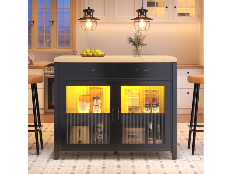  Îlot de cuisine 100x40-80x90 cm 2 tiroirs, porte vitrée, table de bar led, pieds réglables, pour cuisine, en mdf, noir  - Conforama B