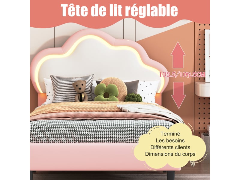  Lit enfant 90x200, lit simple avec led et sommier à lattes, tête lits réglable en forme de nuage, rose lit princesse rembourré, pu  - Conforama W