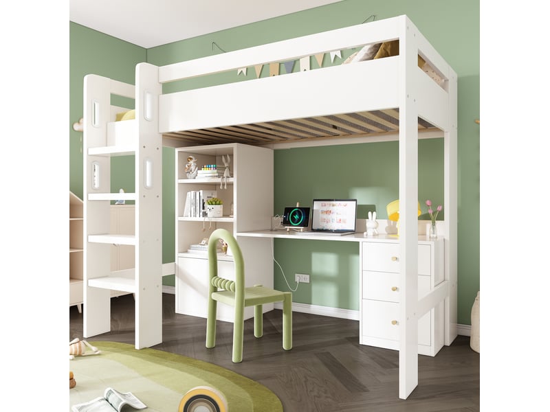 Lit mezzanine enfant blanc 90 x 200 cm avec bureau, rangement et ports usbtype-c  - Conforama C