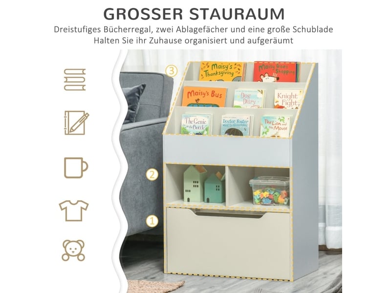 Bibliothèque enfant 60 x 29,9 x 90 cm gris en mdf, 3 niveaux, tiroir à roulettes pour chambre - Conforama B