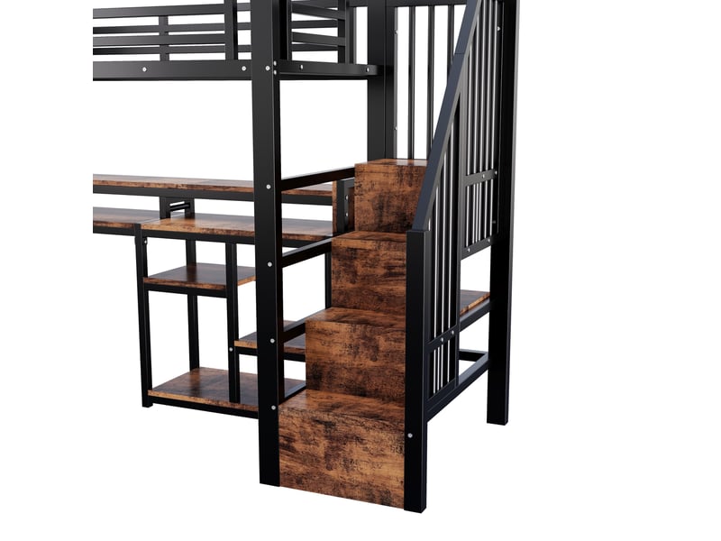 Lit mezzanine 90x200 cm, escalier avec rangements, led et ports usb et type-c, en métal, noir, sans matelas - Conforama E
