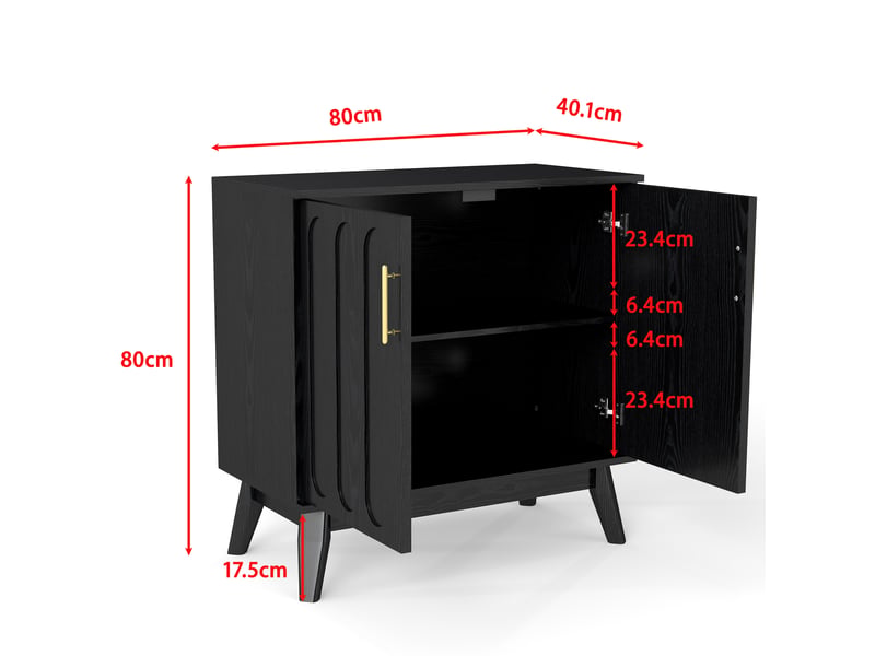  Buffet bas 80x40 cm avec portes rainurées, étagères réglables et pieds en bois massif, mdf, style mid-century, noir  - Conforama C