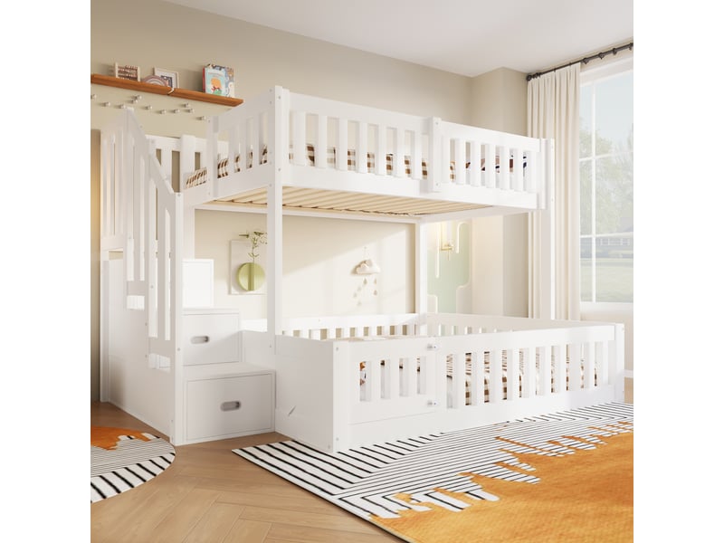  Lit superposé bas enfant 90 x 200 cm et 140 x 200 cm, échelle 3 marches avec rangement, barrières de sécurité intégrales, sommiers à lattes, sans matelas, bois massif, blanc ABC - Conforama E