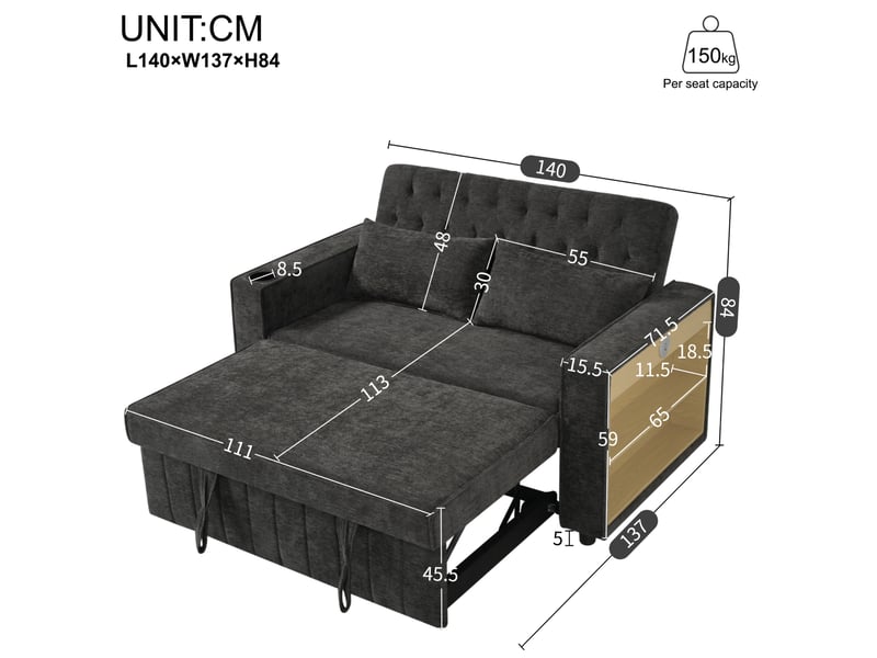  Canapé convertible modenvie 2 places avec rangement usb en chenille gris 140 x 137 x 84 cm  - Conforama C