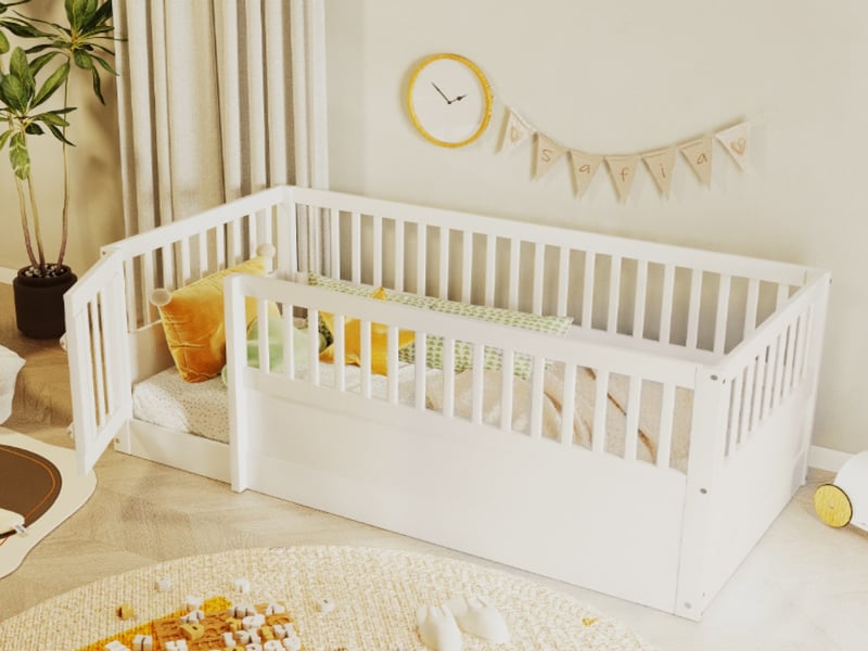 Lit enfant 90 x 200 cm, cadre en bois avec barreaux et porte, blanc  - Conforama B