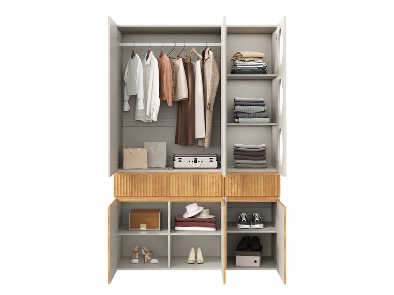  Armoire dressing 135x50x200 cm effet chêne clair avec penderie, 6 portes, 2 tiroirs et rangements multiples, meuble chambre moderne  - Conforama A