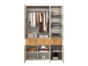 Armoire dressing 135x50x200 cm effet chêne clair avec penderie, 6 portes, 2 tiroirs et rangements multiples, meuble chambre moderne