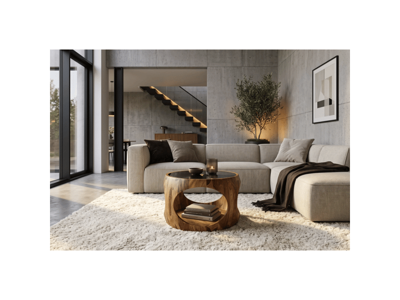 Table basse ronde nera 60 cm en bois de sheesham massif et verre fumé avec niche ouverte - Conforama E