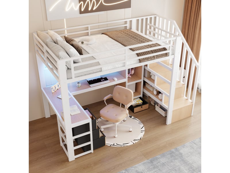 Lit mezzanine 90x200 cm en métal avec bureau gaming, led, escalier avec rangements, 4 tiroirs, étagères et espace de travail intégré - blanc - Conforama D