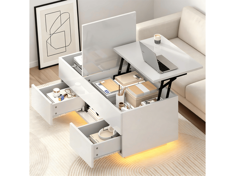  Table basse relevable avec éclairage led 100x45x43cm - table de salon blanche haute brillance rangement caché  - Conforama W