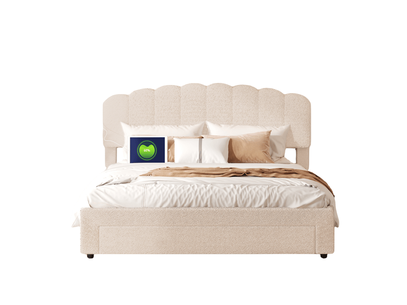  Lit rembourré 160 x 200 cm, tête de lit réglable avec port usb et tiroirs de rangement, beige,velours teddy，sans matelas  - Conforama A