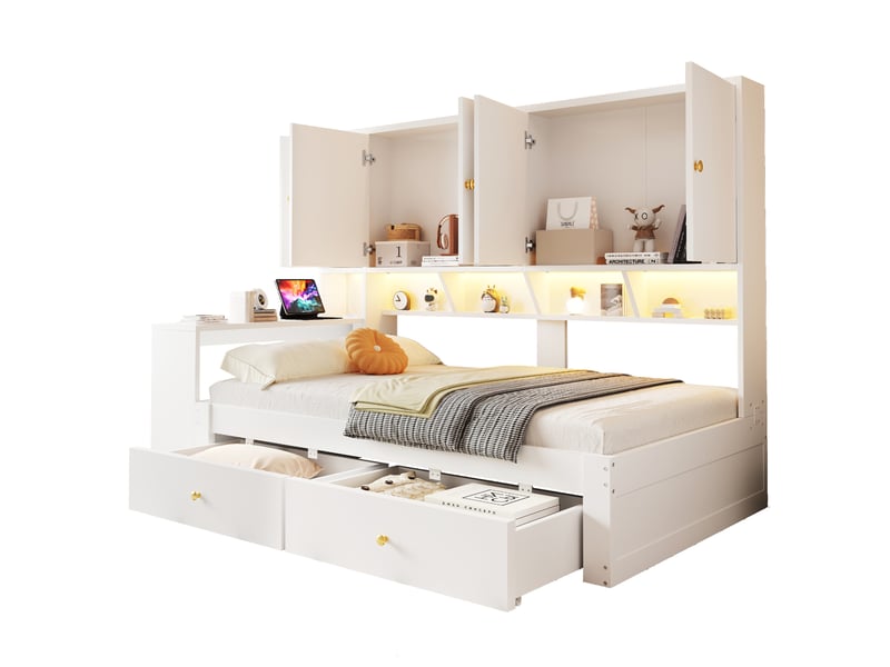 Lit multifonctionnel 90 x 200 cm blanc en mdf, bureau intégré, rangements, prises et éclairage led - Conforama A