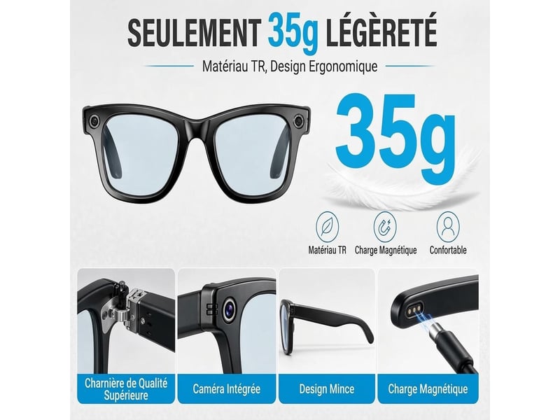  Lunettes connectées avec caméra 8mp 2k eis et ia – lunettes intelligentes sans fil wifi &amp; bluetooth 5.3 avec traduction en direct gpt, audio ouvert et étanche ip65 – noir  - Conforama C