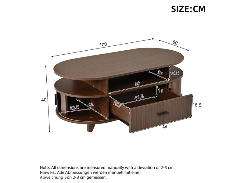 Table basse ovale 100x50x40 cm coloris noyer avec tiroir et portes coulissantes - Conforama C