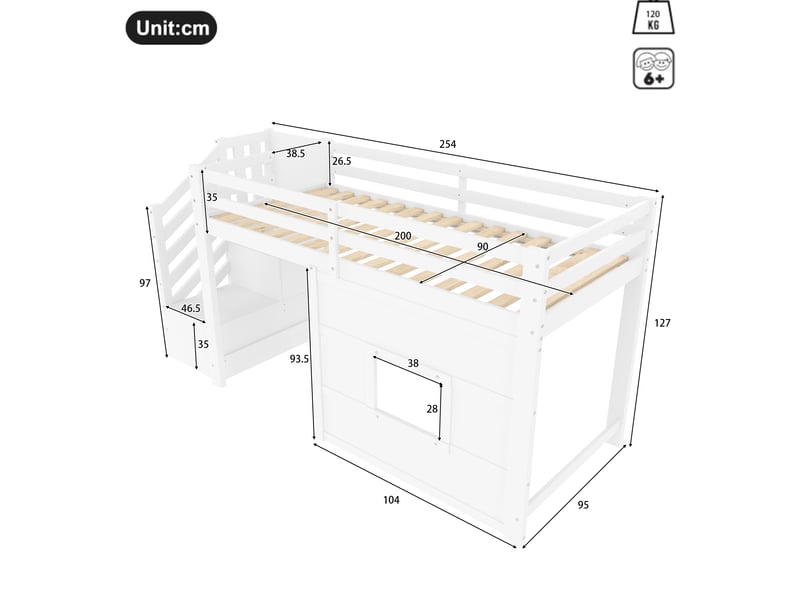  Lit mezzanine enfant 90 × 200 cm 1 place avec escalier de rangement, led et fenêtre, sans matelas, blanc  - Conforama D