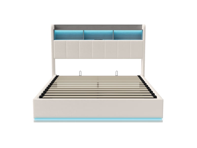  Lit 140x200cm  -  lit coffre 140x200cm  avec led - tête de lit avec rangement et éclairage - velours - beige - sans matelas  - Conforama A