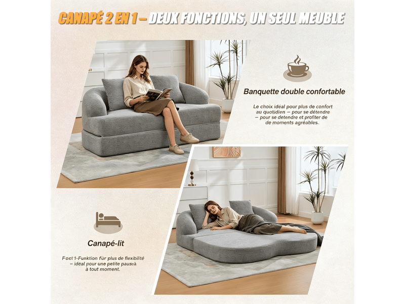  Canapé d'angle 2-en-1, 2 places, avec deux coussins, canapé-lit, 157 x 84 x 65 cm, gris  - Conforama D