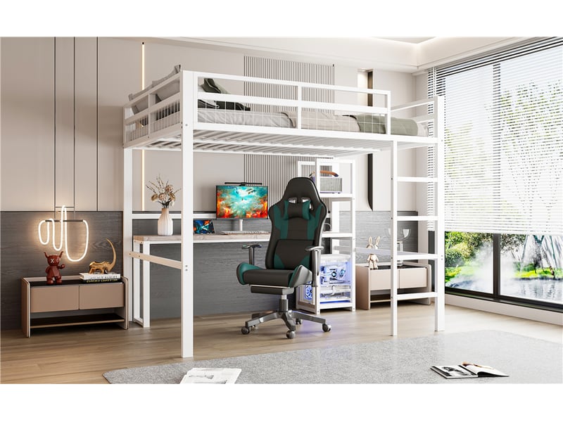 Lit mezzanine 140x200 cm en métal blanc avec bureau intégré et étagères, usb-c et garde-corps – sans matelas - Conforama D