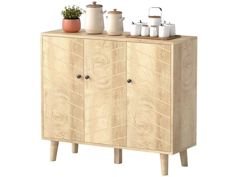  Buffet cuisine, meuble de rangement avec 3 portes à motif chevron et pieds en bois de pin, 88,3x30x76cm, bois naturel  - Conforama B