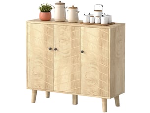 Buffet cuisine, meuble de rangement avec 3 portes à motif chevron et pieds en bois de pin, 88,3x30x76cm, bois naturel