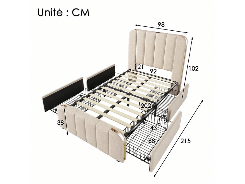  Lit avec tiroirs lit simple 90x200 cm en lin beige avec 4 tiroirs, usb, type-c et tête capitonnée, matelas inclus  - Conforama D