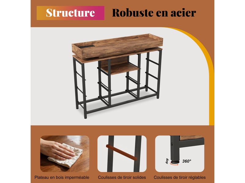  Commode 8 tiroirs avec led et prises - 108 x 30 x 82 cm-marron rustique - meuble de rangement avec station de charge et étagère  - Conforama D
