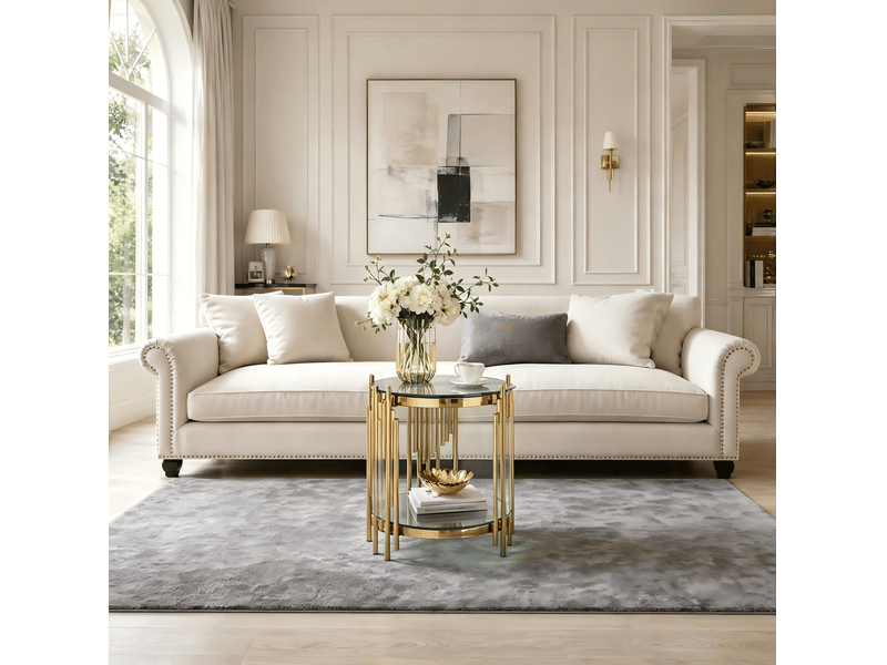  Table d’appoint ronde 45x45x55 cm avec deux niveaux, structure et pieds en acier inoxydable et transparent, design moderne  - Conforama B