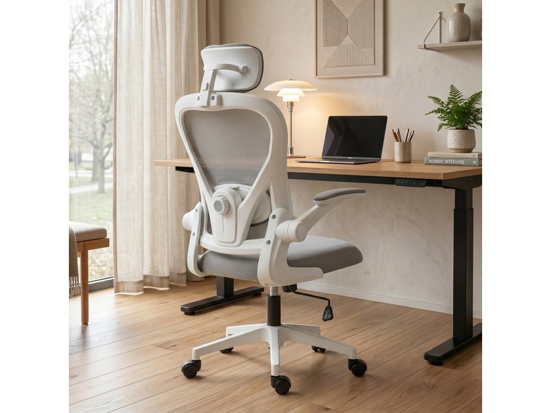  Chaise de bureau ergonomique avec accoudoirs relevables et soutien lombaire réglable, grise  - Conforama D