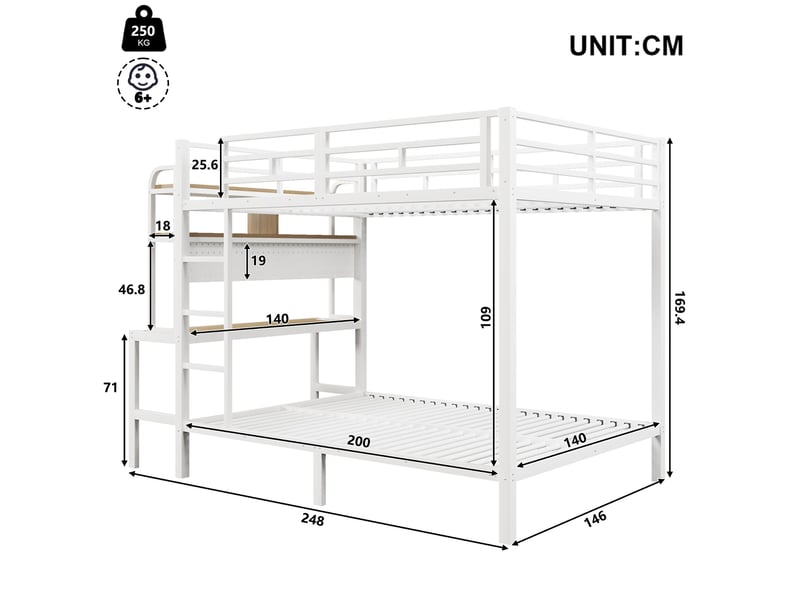  Lit superposé 140x200 cm avec bureau, led multicolore, usb, rangement et étagères, barrières de sécurité, cadre en métal, mdf, blanc Radiant Stride - Conforama C