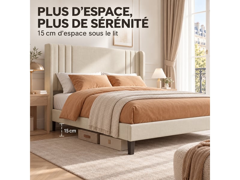  Lit adulte 140x200 cm, lit 2 places avec sommier à lattes, cadre de lit avec tête de lit capitonnée, lit double rembourré, lin beige  - Conforama R