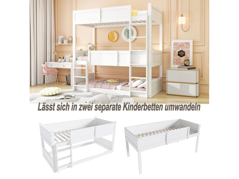  Lit superposé enfant triple 90x200 cm – blanc – modulable en lit simple et lit superposé bas – sans matelas  - Conforama E