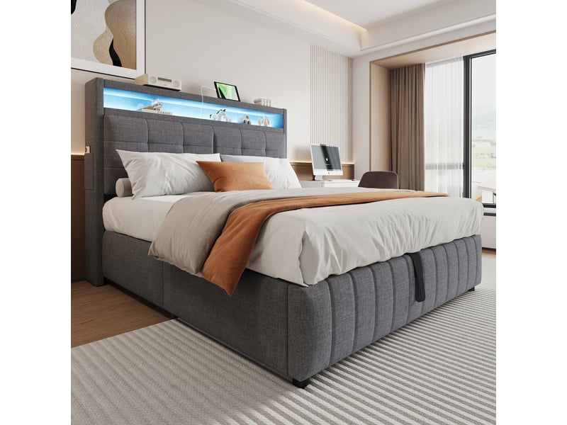  Lit coffre double 160×200 cm rangement hydraulique, led, usb et étagères  - sans matelas, tissu gris  - Conforama C