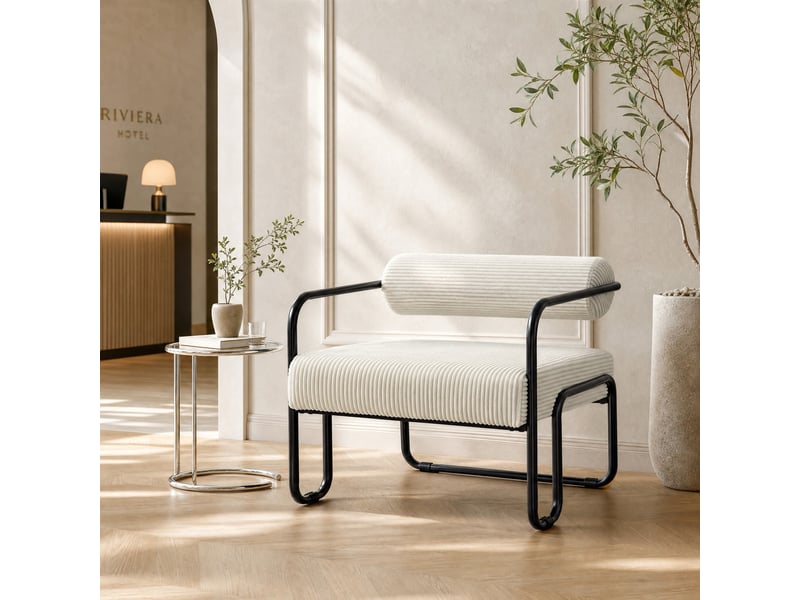  Fauteuil lounge en velours côtelé avec dossier cylindrique et structure métallique noire, design industriel beige  - Conforama C