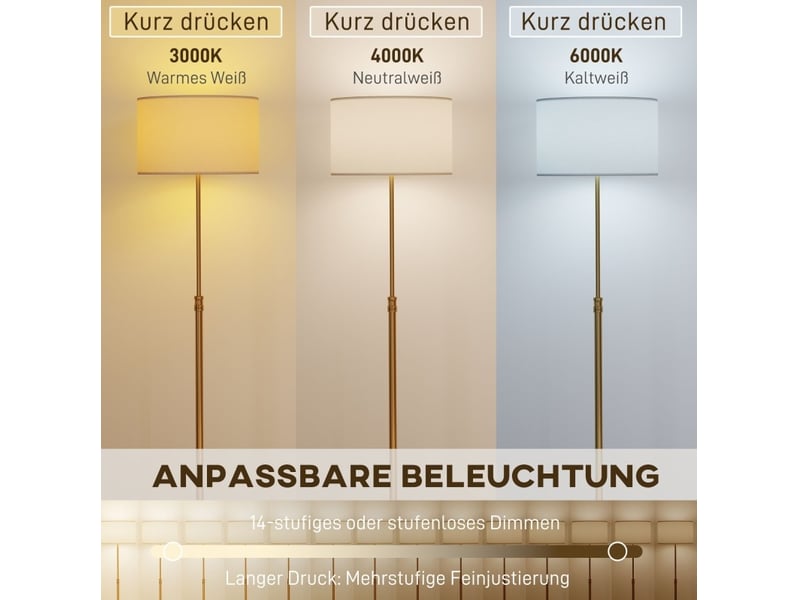  Lampe de pied avec télécommande, réglable en hauteur, abat-jour tissu, pied métallique, lumière ajustable, interrupteur au pied, couleur or  - Conforama D