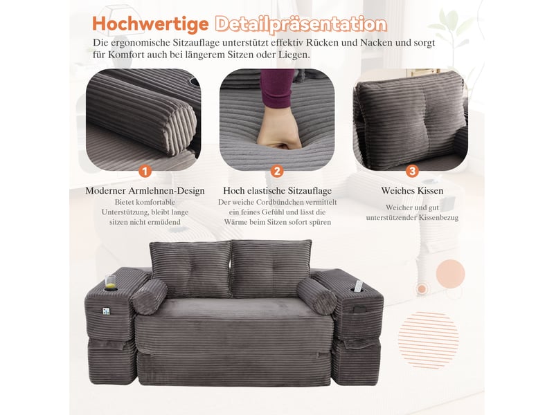  Canapé convertible 2 places en velours côtelé gris foncé avec tiroir de rangement intégré sous l'assise  - Conforama D
