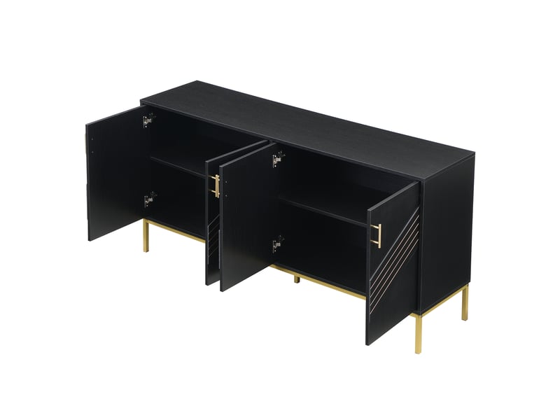 Buffet moderne 4 portes, design noir et doré, corps mdf, pieds métalliques, noir et veinage bois - Conforama E