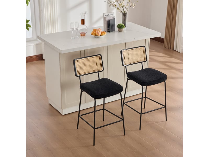 Lot de 2 chaises de bar tabouret de bar noir avec assise en tissu chenille et dossier aspect rotin pour cuisine 96.5cm  - Conforama W