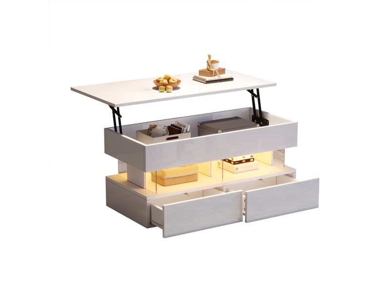  Table basse, à plateau relevable, avec éclairage led, avec 2 tiroirs, 100 x 50 x h 46–60 cm, blanc, rangement pratique, finition brillante, pour salon Luxe haut de gamme - Conforama A
