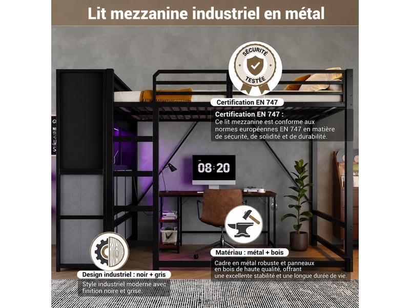 Lit mezzanine 120 x 200 cm en métal avec rangements, tiroirs en tissu, étagère éclairée et station de charge, noir - Conforama E