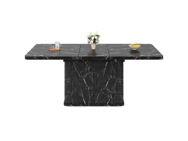 Ensemble repas 5 pièces avec table extensible 140 à 180 cm, rangement caché, plateau effet marbre noir et 4 chaises en velours  - Conforama E