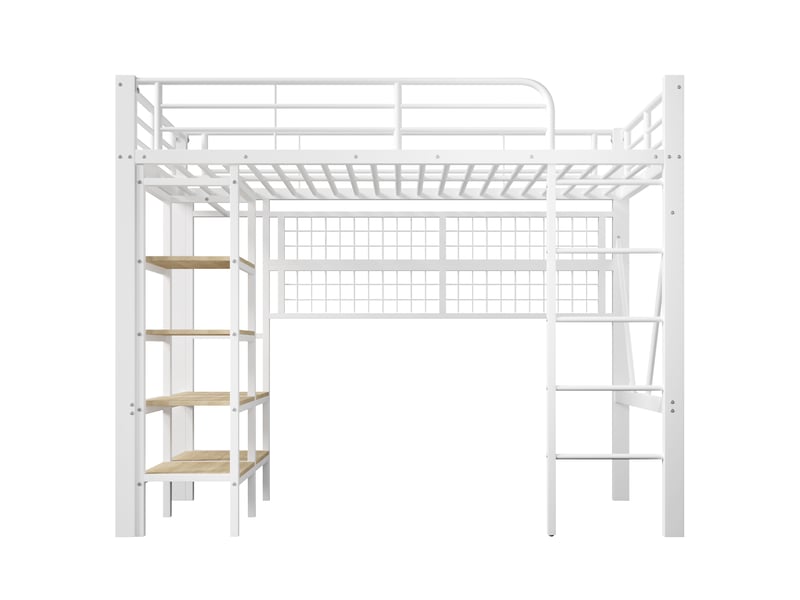  Lit mezzanine 90x200 cm blanc avec led, penderie, filet de rangement et espace ouvert  - Conforama A