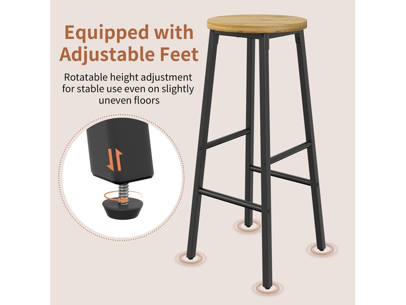  Tabouret de bar lot de 2 avec deux repose-pieds et pieds réglables, assise effet bois, en métal noir  - Conforama E
