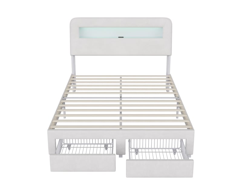 Lit 160x200cm - lit double 160x200cm - lit avec tête de lit velours, 2 tiroirs, led et usb type-c - blanc cassé - Conforama A