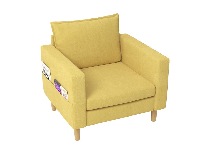  Fauteuil scandinave 71x68x82 cm, poche de rangement, coussin, canapé 1 place, pour salon, chambre, tissu chenille jaune  - Conforama A