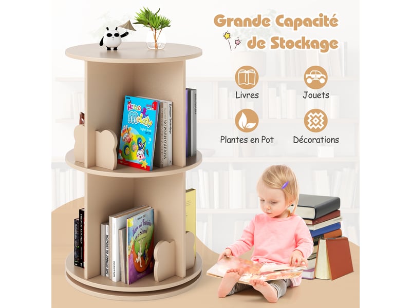 Bibliothèque enfant, 65cm bibliothèque à 2 niveaux avec serre-livres lapinourson, 8 compartiments, étagère à livres pivotante à 360°, pour chambre d' - Conforama E