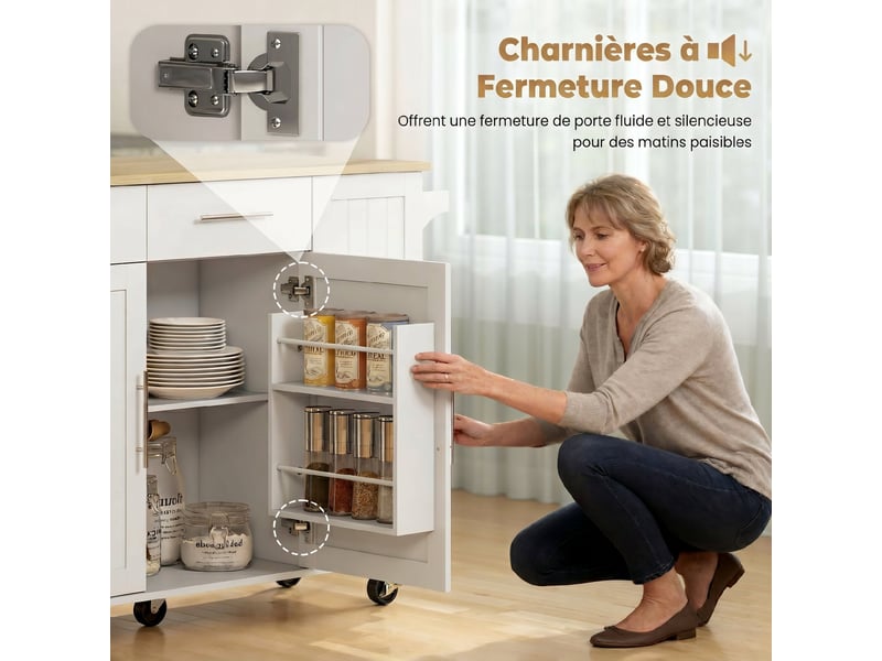  Îlot central cuisine avec plateau rabattable, roulettes, 2 tiroirs, portes à fermeture douce, blanc, porte-serviettes  - Conforama R