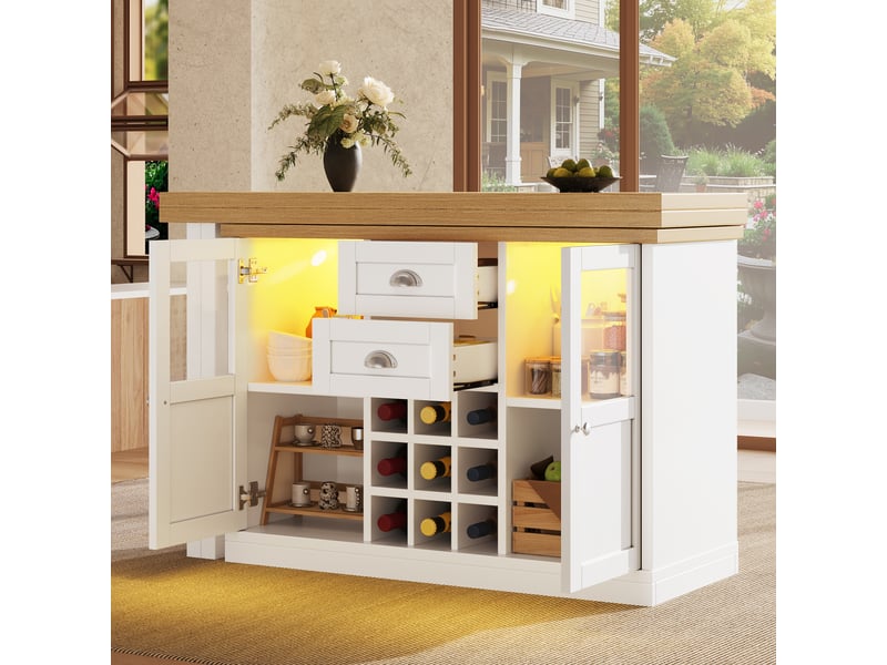  Table à manger extensible pivotante à 360° avec rangement, led et casier à vin - lpospi - mdf blanc  - Conforama C